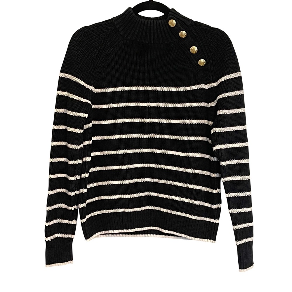 J.Crew Striped Mock Neck Sweater Gold Button Detail Black White Size S Fisherman